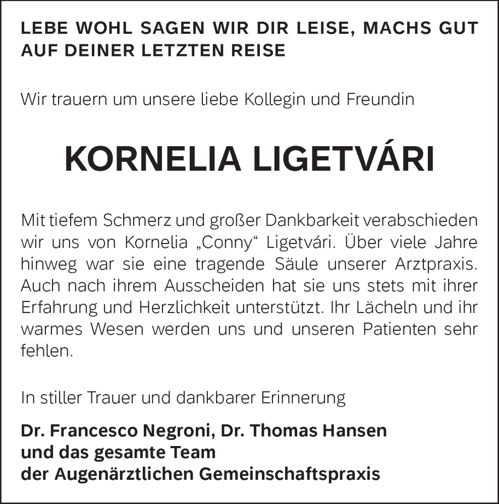  Traueranzeige für Kornelia Ligetvari vom 25.05.2024 aus Bietigheimer Zeitung
