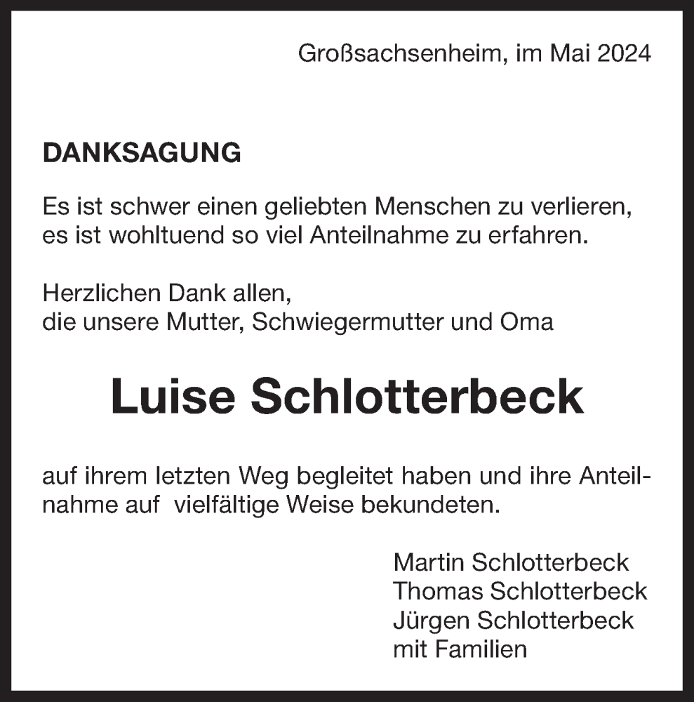  Traueranzeige für Luise Schlotterbeck vom 18.05.2024 aus Bietigheimer Zeitung