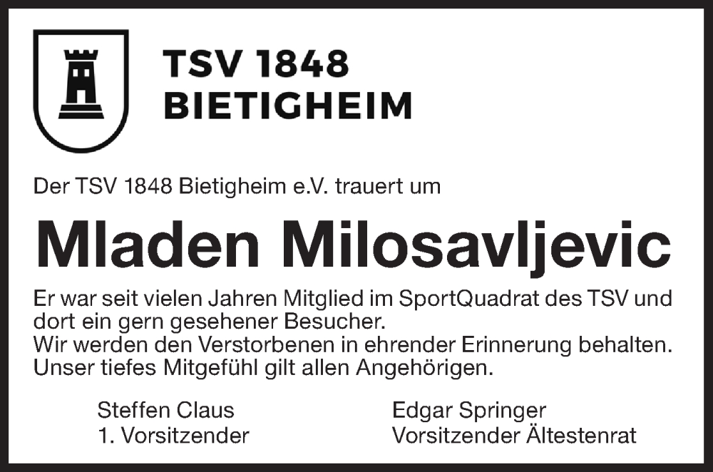  Traueranzeige für Mladen Milosavljevic vom 01.06.2024 aus Bietigheimer Zeitung