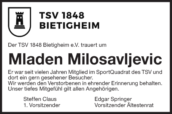 Traueranzeige von Mladen Milosavljevic von Bietigheimer Zeitung