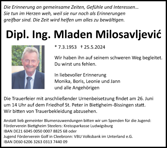 Traueranzeige von Mladen Milosavljevid von Bietigheimer Zeitung