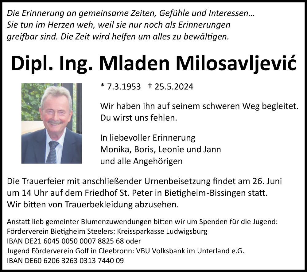  Traueranzeige für Mladen Milosavljevid vom 01.06.2024 aus Bietigheimer Zeitung