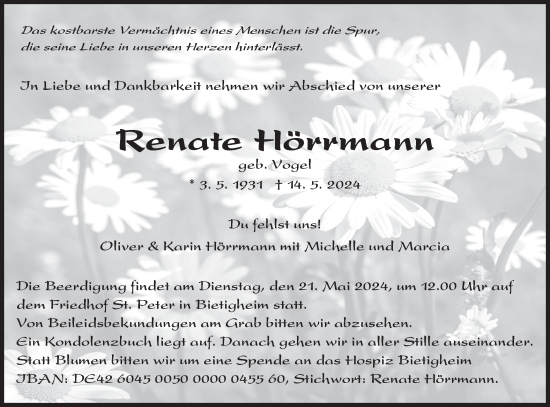 Traueranzeige von Renate Hörrmann von Bietigheimer Zeitung