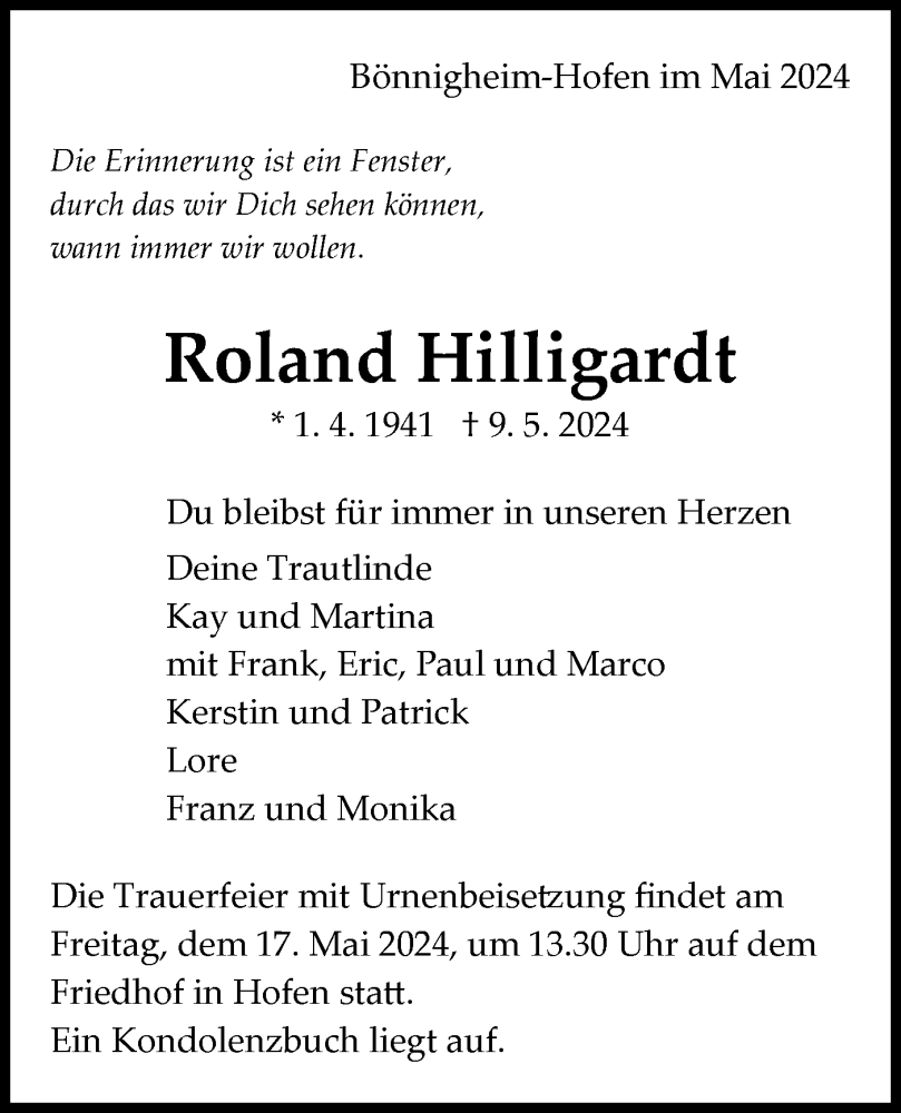  Traueranzeige für Roland Hilligardt vom 14.05.2024 aus Bietigheimer Zeitung
