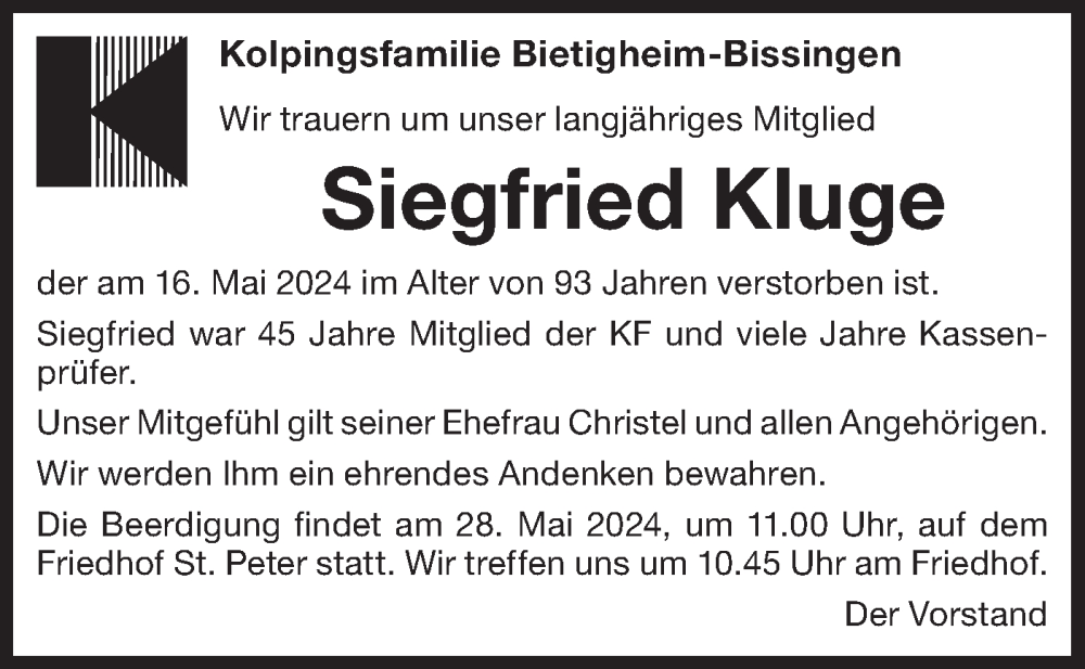  Traueranzeige für Siegfried Kluge vom 25.05.2024 aus Bietigheimer Zeitung