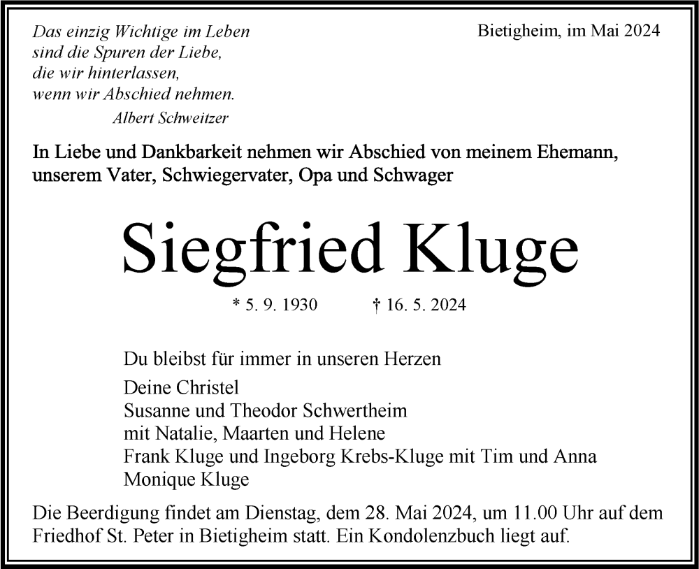  Traueranzeige für Siegfried Kluge vom 22.05.2024 aus Bietigheimer Zeitung