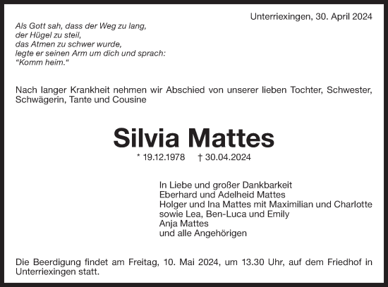 Traueranzeige von Silvia Mattes von Bietigheimer Zeitung