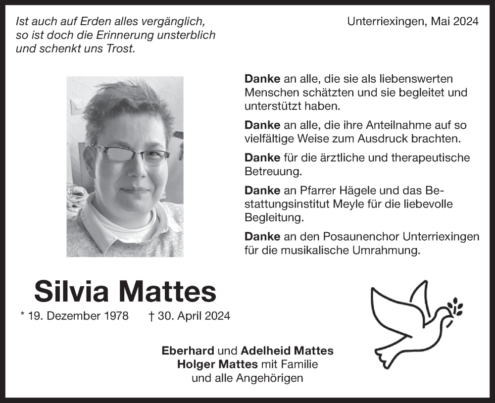  Traueranzeige für Silvia Mattes vom 24.05.2024 aus Bietigheimer Zeitung