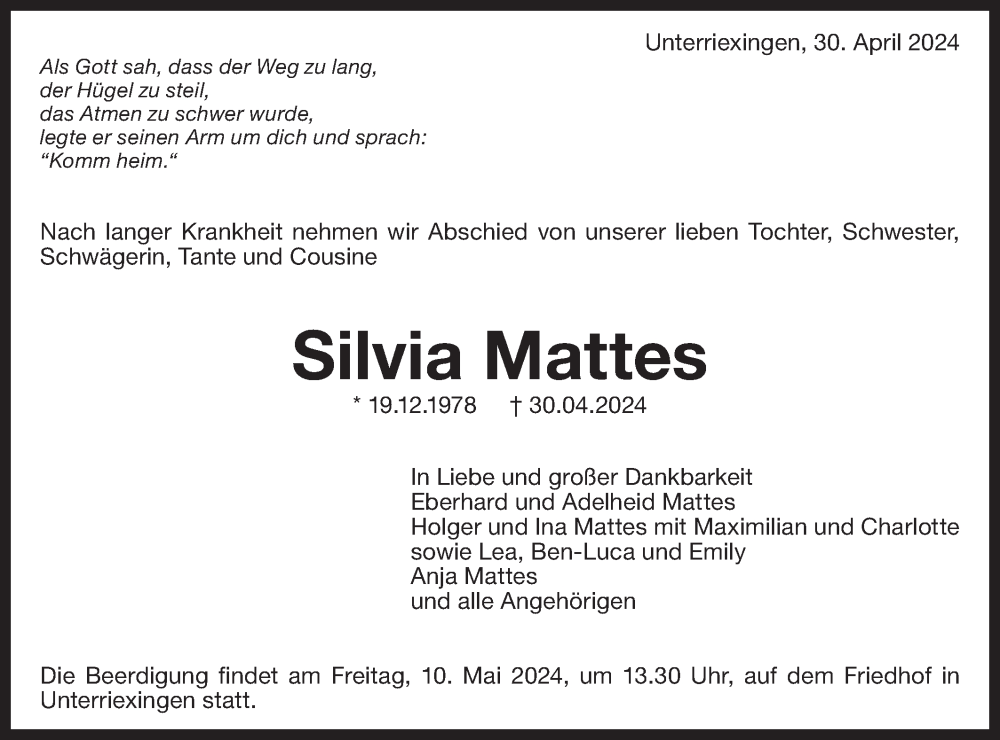  Traueranzeige für Silvia Mattes vom 07.05.2024 aus Bietigheimer Zeitung