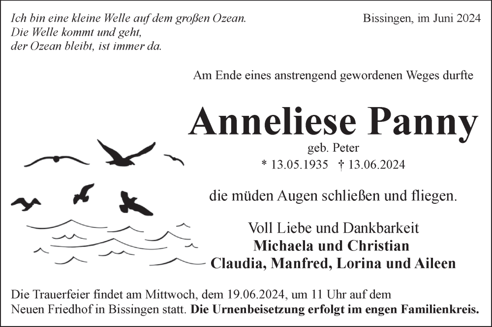  Traueranzeige für Anneliese Panny vom 18.06.2024 aus Bietigheimer Zeitung