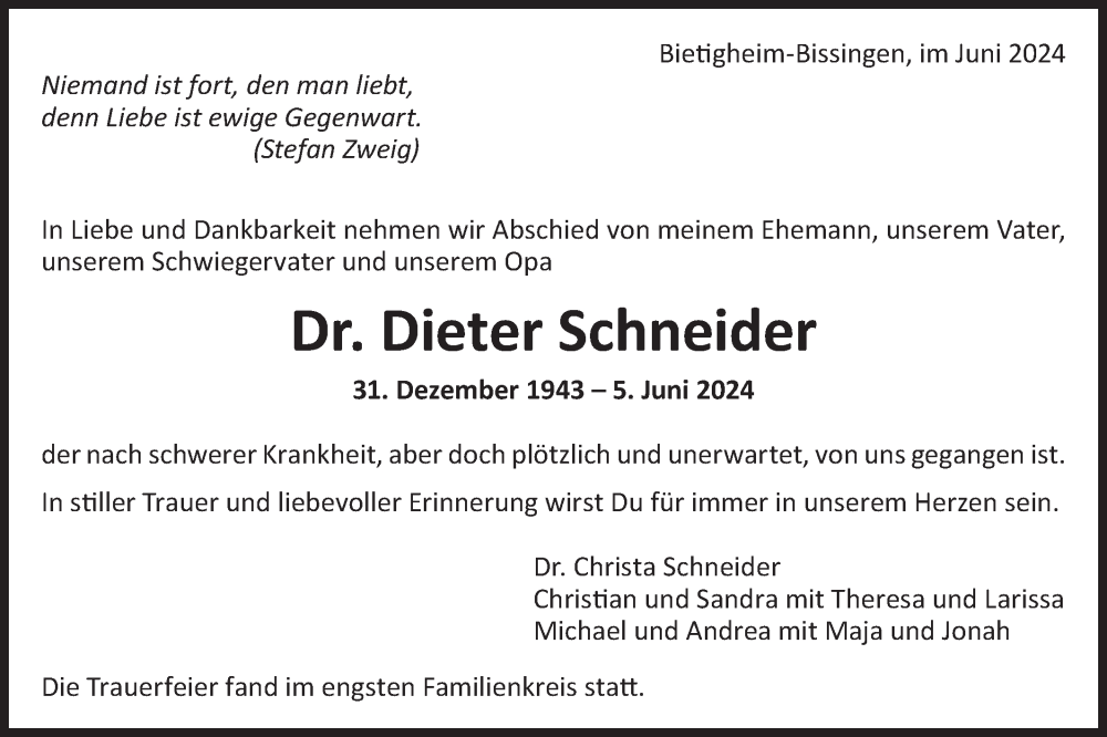  Traueranzeige für Dieter Schneider vom 29.06.2024 aus Bietigheimer Zeitung