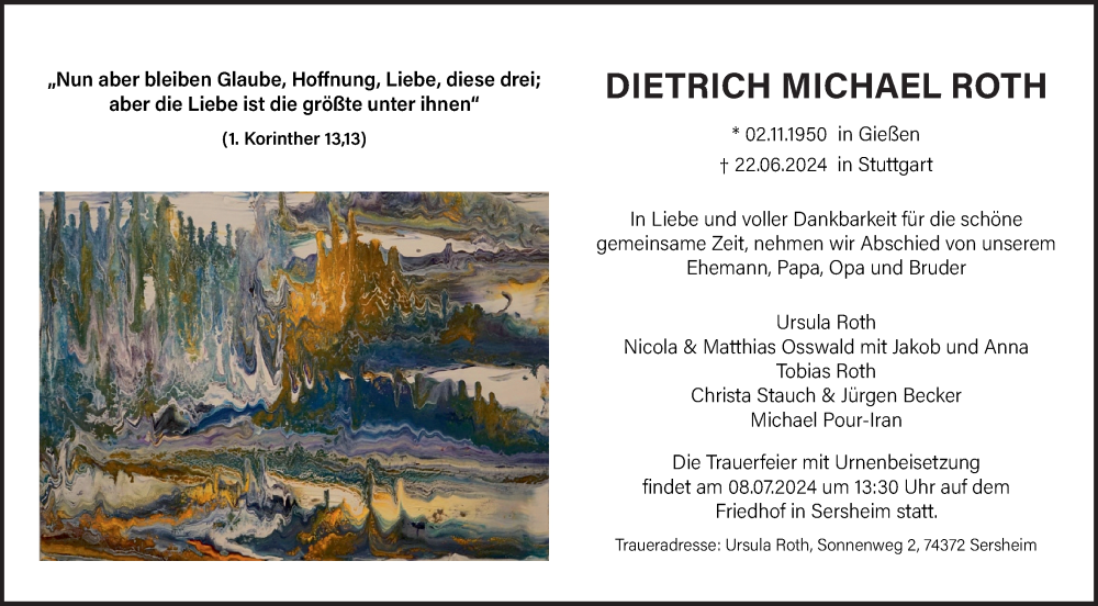  Traueranzeige für Dietrich Roth vom 29.06.2024 aus Bietigheimer Zeitung