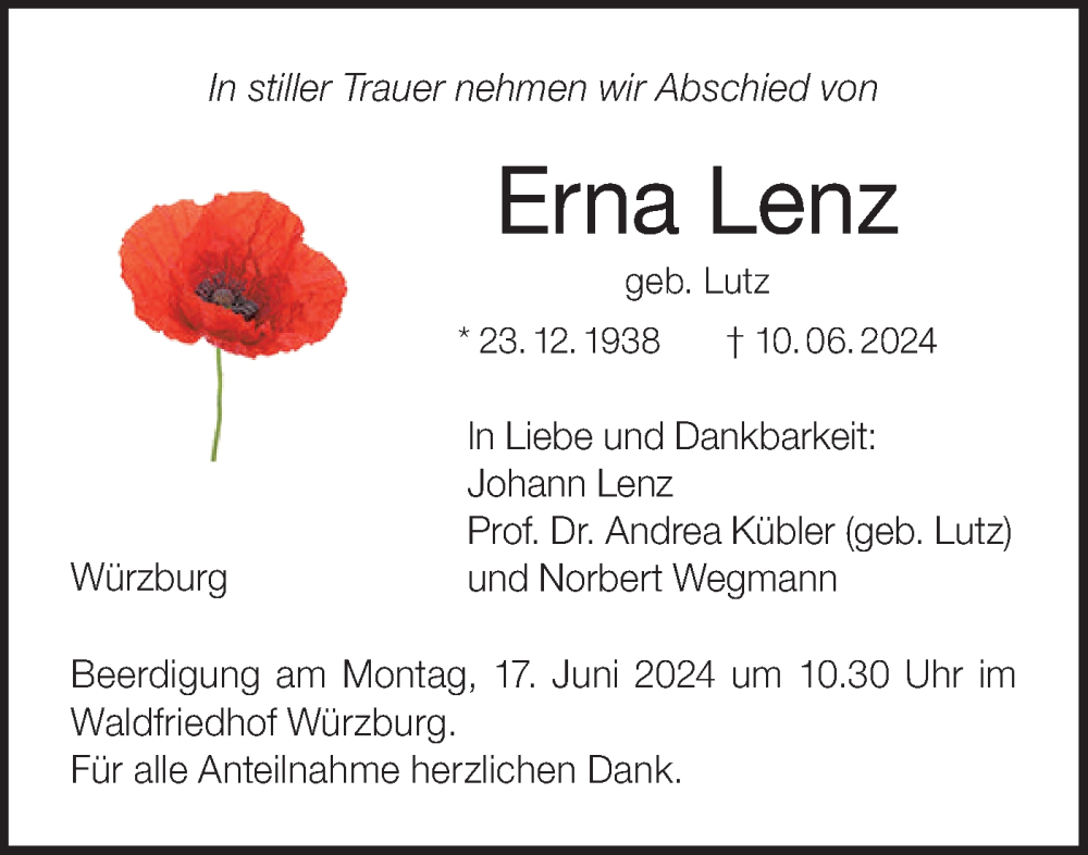  Traueranzeige für Erna Lenz vom 13.06.2024 aus Bietigheimer Zeitung