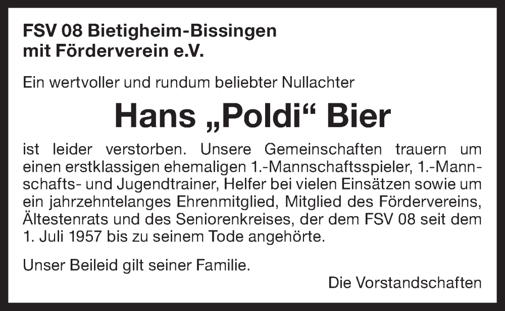  Traueranzeige für Hans Bier vom 26.06.2024 aus Bietigheimer Zeitung