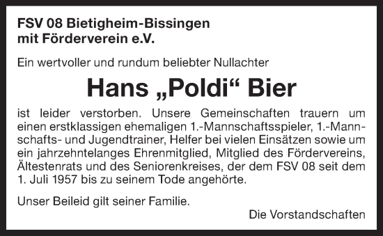 Traueranzeige von Hans Bier von Bietigheimer Zeitung