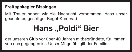 Traueranzeige von Hans Bier von Bietigheimer Zeitung