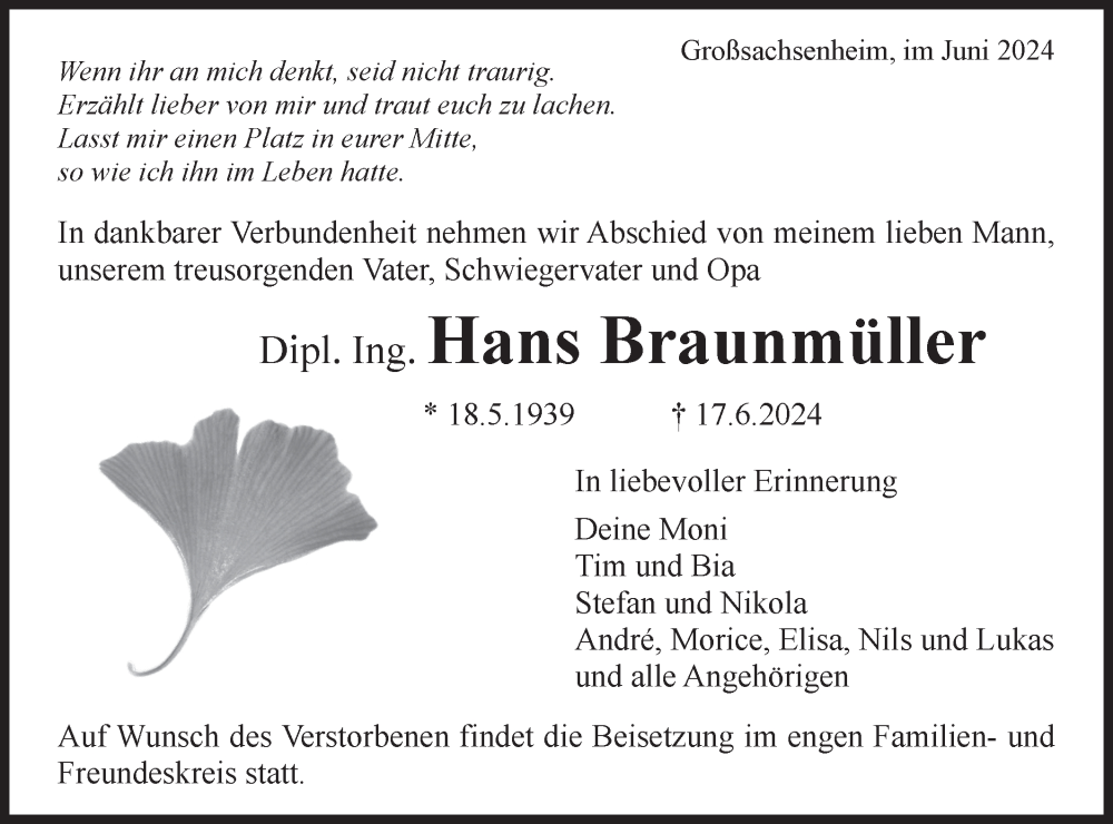 Traueranzeige für Hans Braunmüller vom 22.06.2024 aus Bietigheimer Zeitung