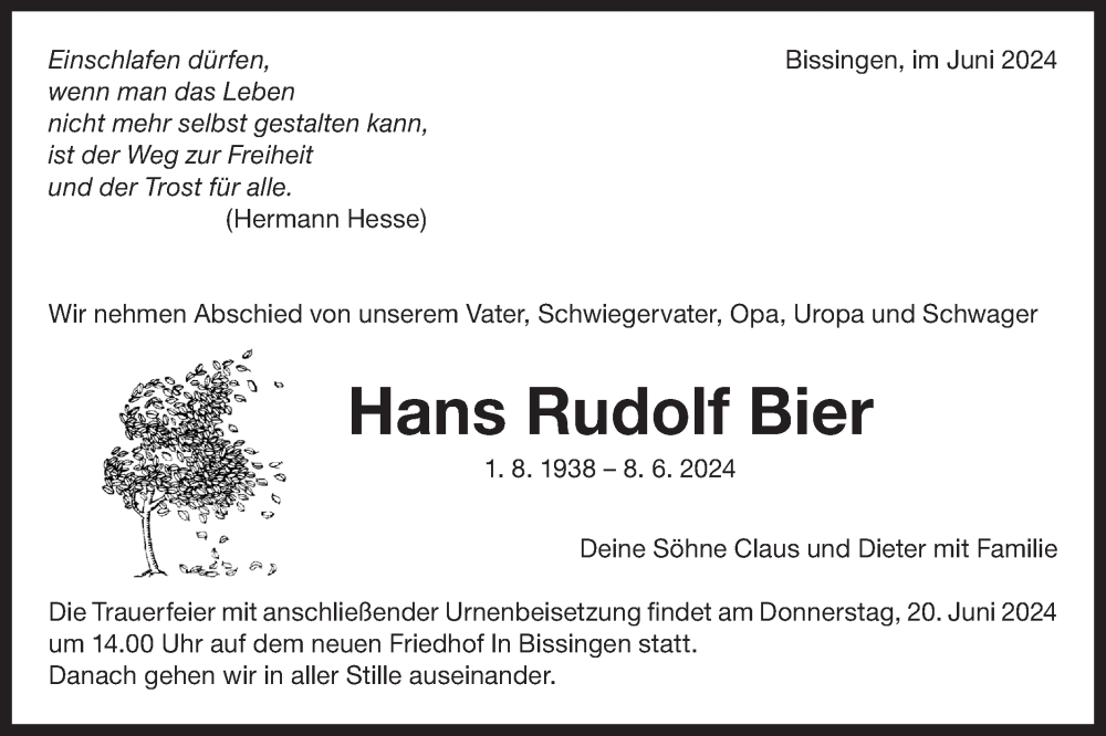  Traueranzeige für Hans Rudolf Bier vom 19.06.2024 aus Bietigheimer Zeitung