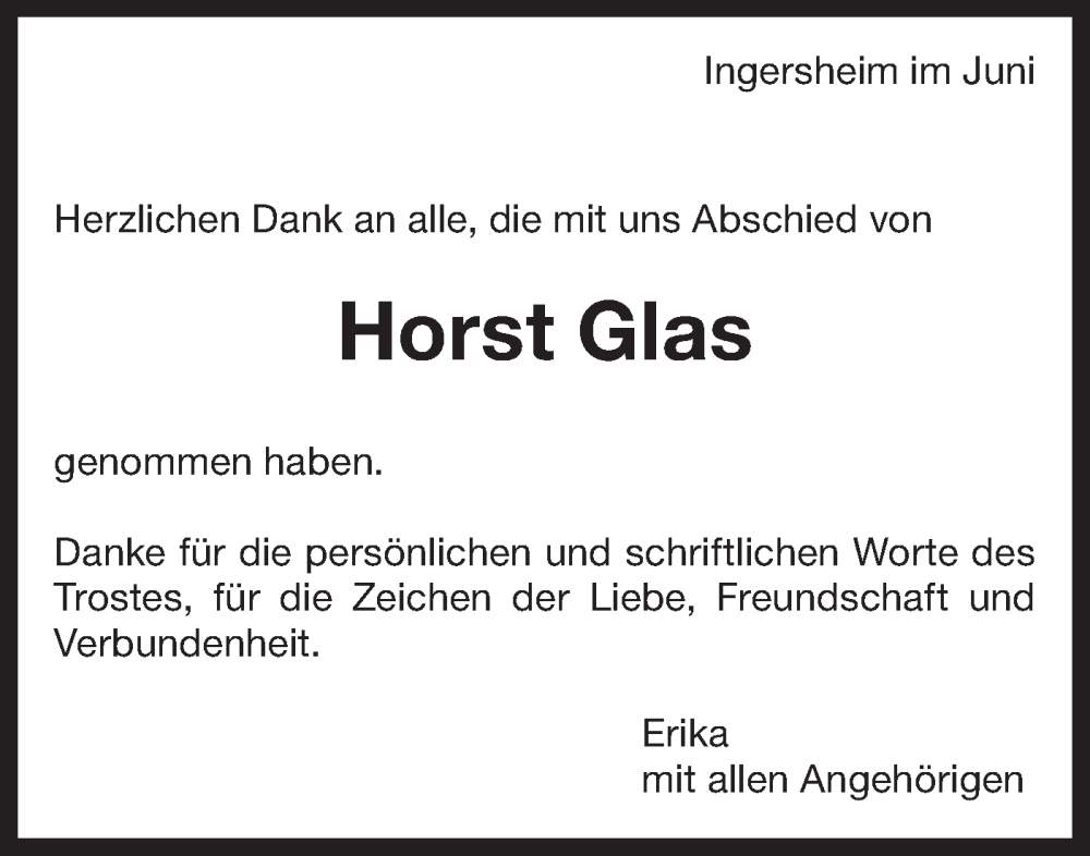  Traueranzeige für Horst Glas vom 08.06.2024 aus Bietigheimer Zeitung