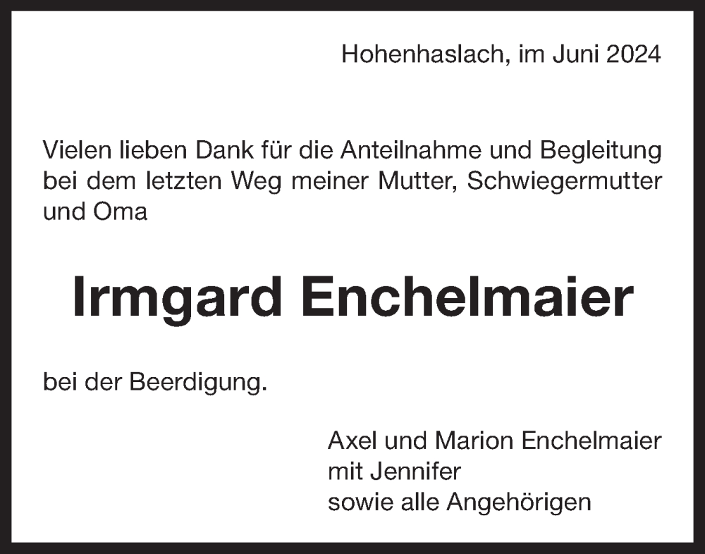  Traueranzeige für Irmgard Enchelmaier vom 29.06.2024 aus Bietigheimer Zeitung