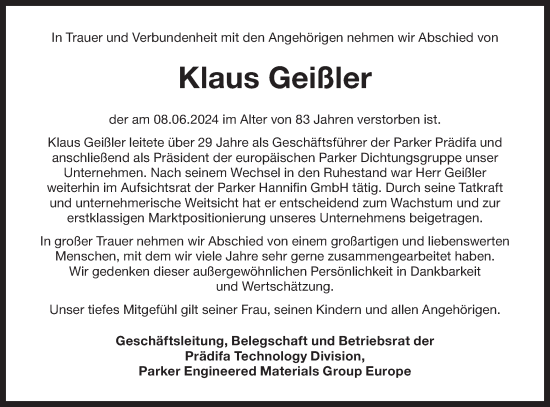 Traueranzeige von Klaus Geißler von Bietigheimer Zeitung