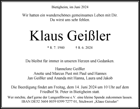 Traueranzeige von Klaus Geißler von Bietigheimer Zeitung