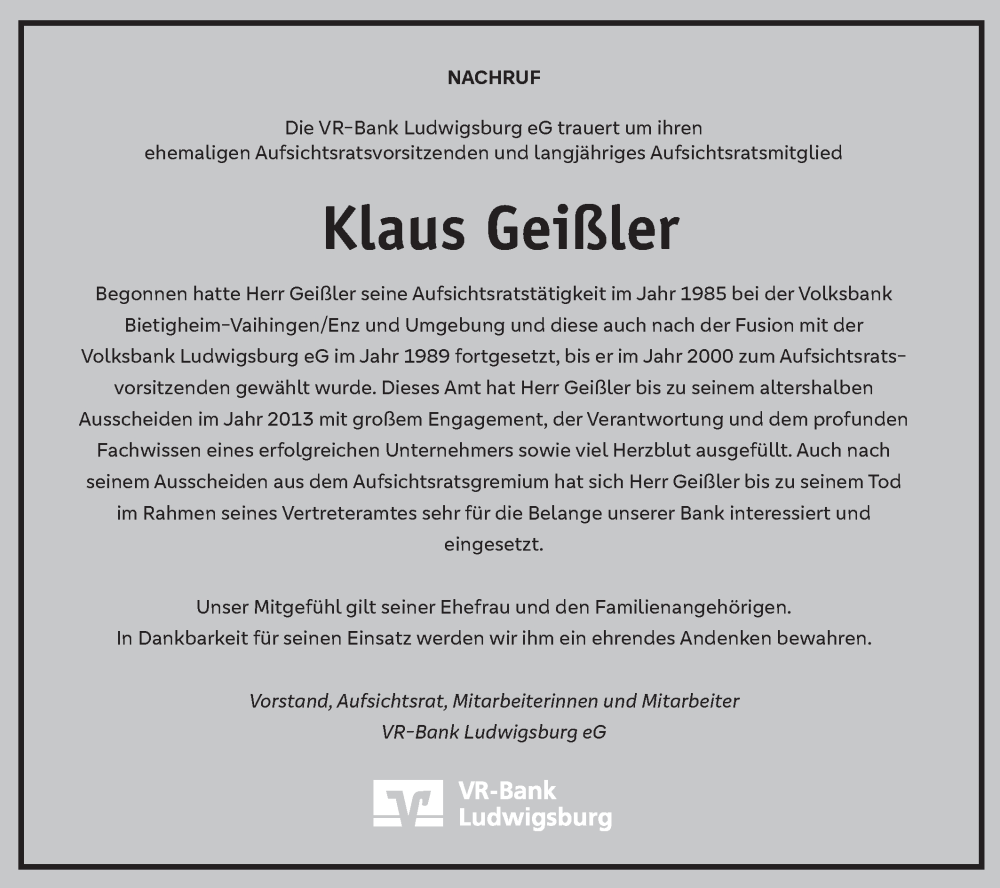  Traueranzeige für Klaus Geißler vom 12.06.2024 aus Bietigheimer Zeitung