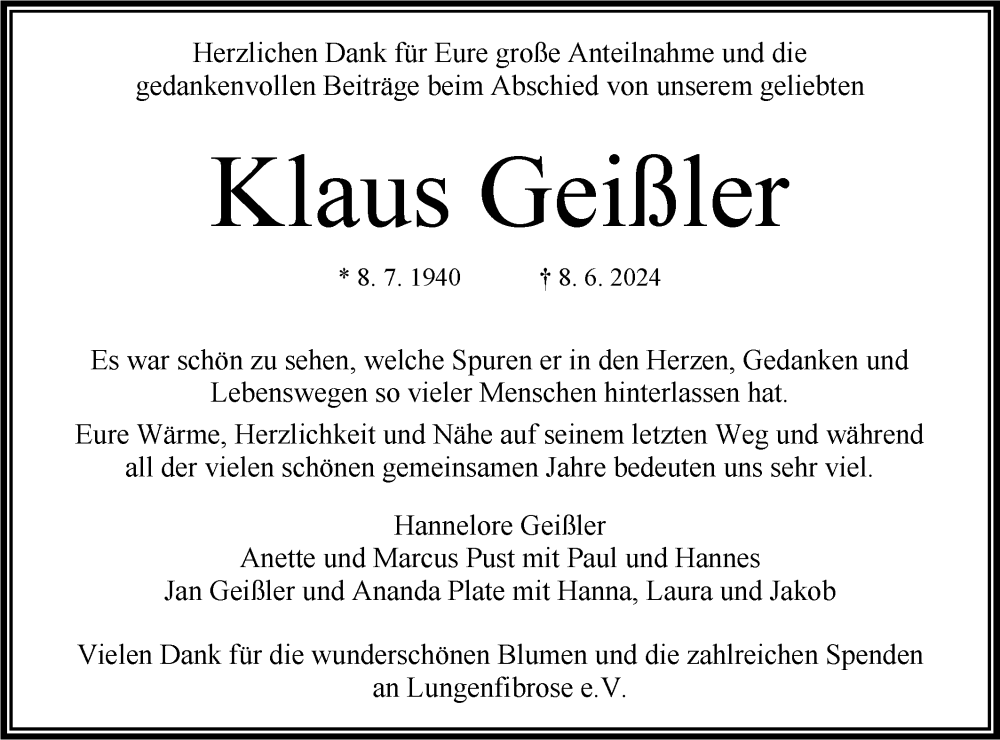  Traueranzeige für Klaus Geißler vom 22.06.2024 aus Bietigheimer Zeitung