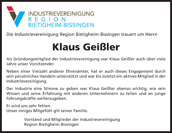Traueranzeige von Klaus Geißler von Bietigheimer Zeitung