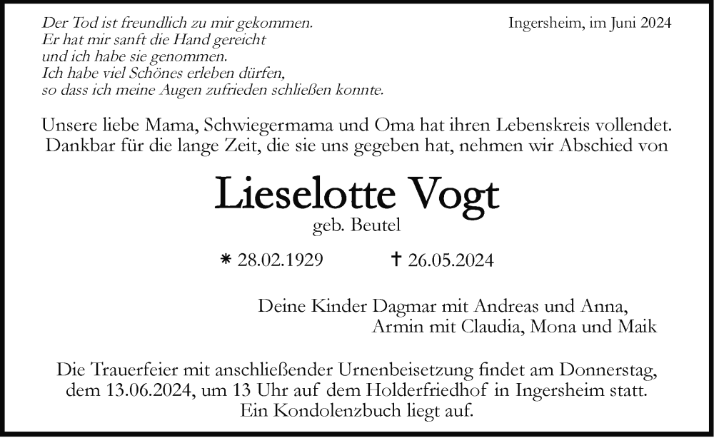  Traueranzeige für Lieselotte Vogt vom 10.06.2024 aus Bietigheimer Zeitung