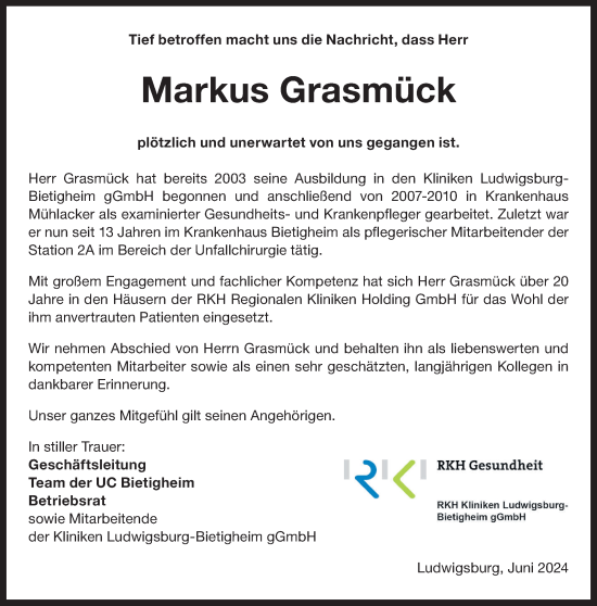 Traueranzeige von Markus Grasmück von Bietigheimer Zeitung