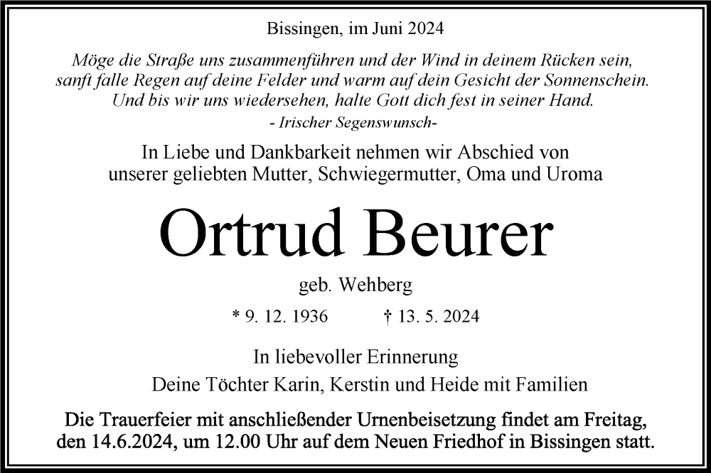  Traueranzeige für Ortrud Beurer vom 08.06.2024 aus Bietigheimer Zeitung