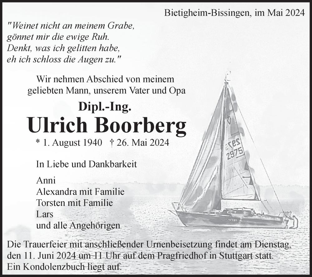  Traueranzeige für Ulrich Boorberg vom 06.06.2024 aus Bietigheimer Zeitung