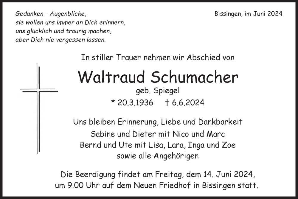  Traueranzeige für Waltraud Schumacher vom 11.06.2024 aus Bietigheimer Zeitung