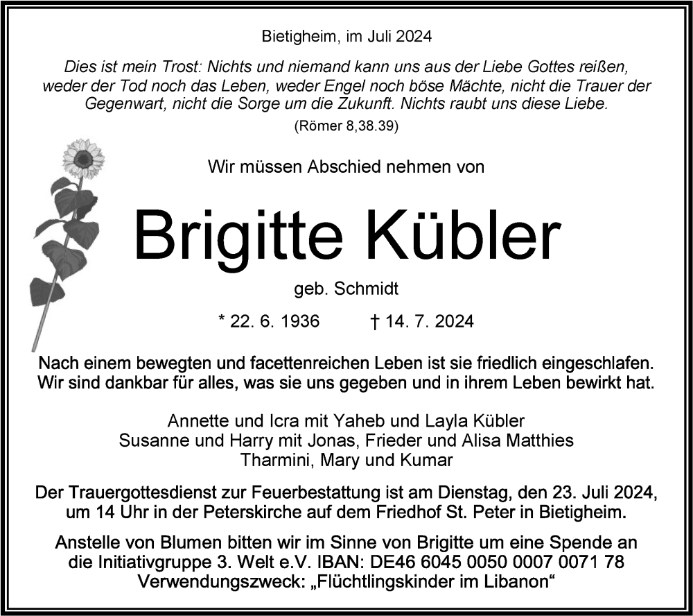  Traueranzeige für Brigitte Kübler vom 19.07.2024 aus Bietigheimer Zeitung