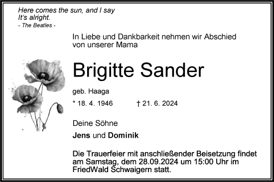 Traueranzeige von Brigitte Sander von Bietigheimer Zeitung