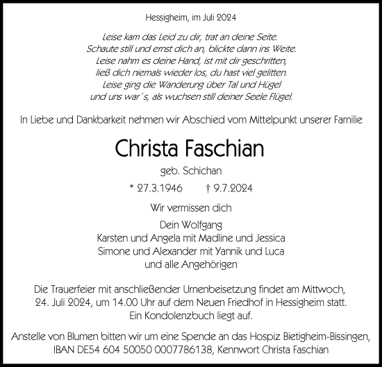 Traueranzeige von Christa Faschian von Bietigheimer Zeitung