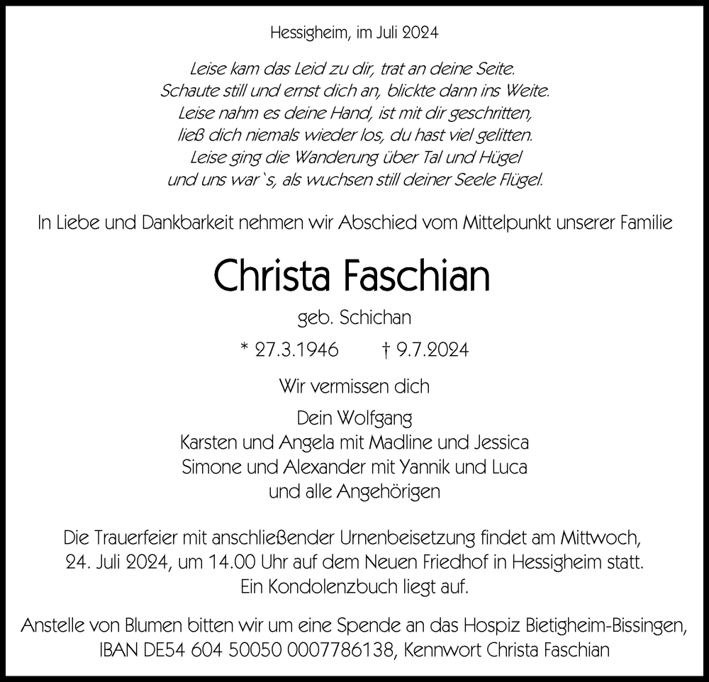  Traueranzeige für Christa Faschian vom 19.07.2024 aus Bietigheimer Zeitung