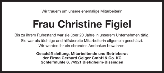 Traueranzeige von Christine Figiel von Bietigheimer Zeitung