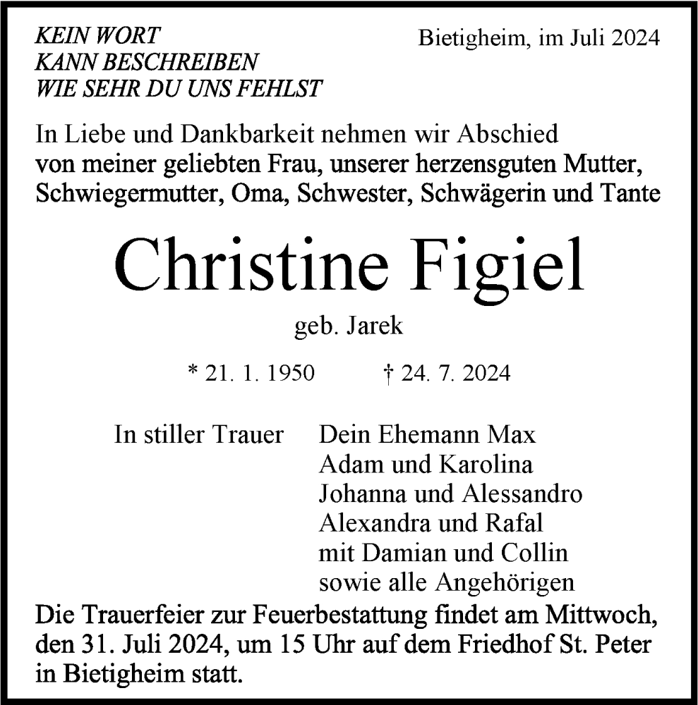  Traueranzeige für Christine Figiel vom 27.07.2024 aus Bietigheimer Zeitung