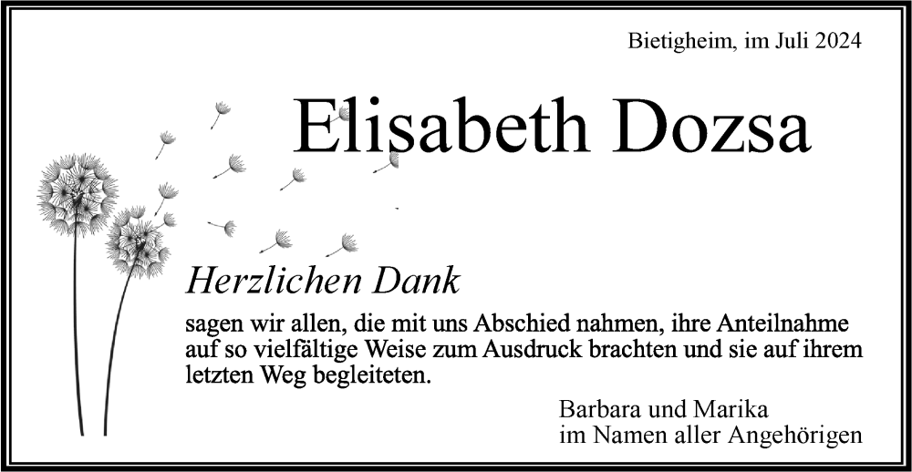  Traueranzeige für Elisabeth Dozsa vom 09.07.2024 aus Bietigheimer Zeitung