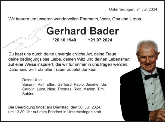 Traueranzeige von Gerhard Bader von Bietigheimer Zeitung