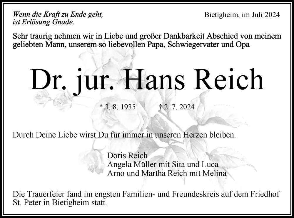  Traueranzeige für Hans Reich vom 09.07.2024 aus Bietigheimer Zeitung