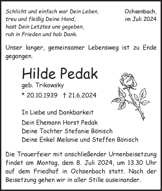 Traueranzeige von Hilde Pedak von Bietigheimer Zeitung