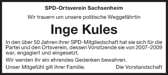 Traueranzeige von Inge Kules von Bietigheimer Zeitung