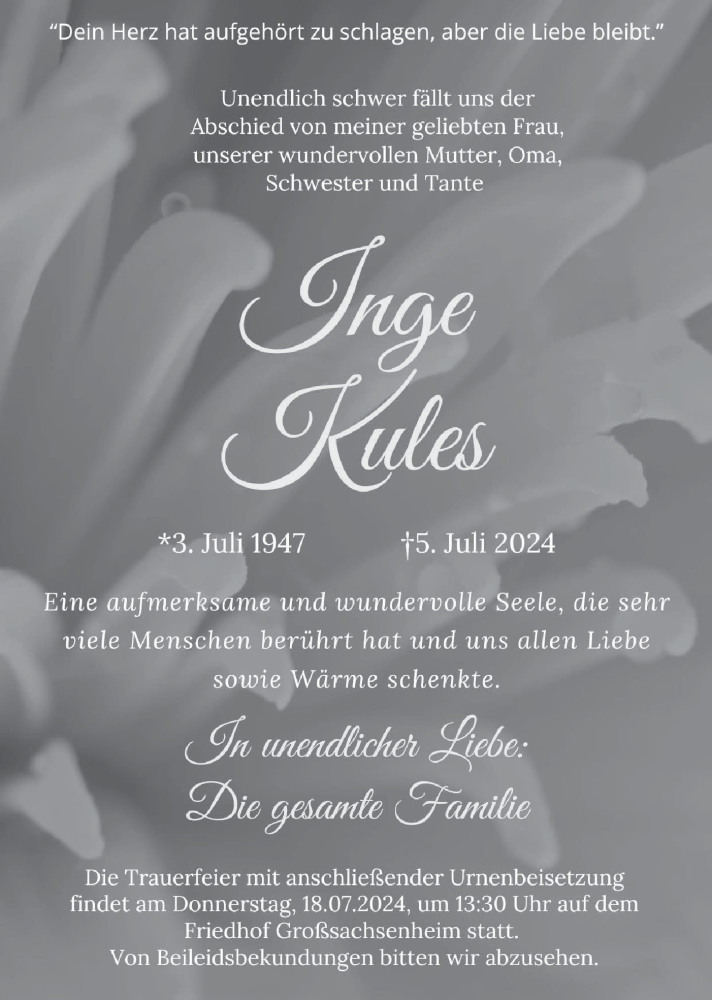  Traueranzeige für Ingeborg Kules vom 15.07.2024 aus Bietigheimer Zeitung