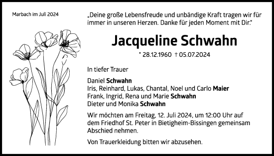 Traueranzeige von Jacqueline Schwahn von Bietigheimer Zeitung