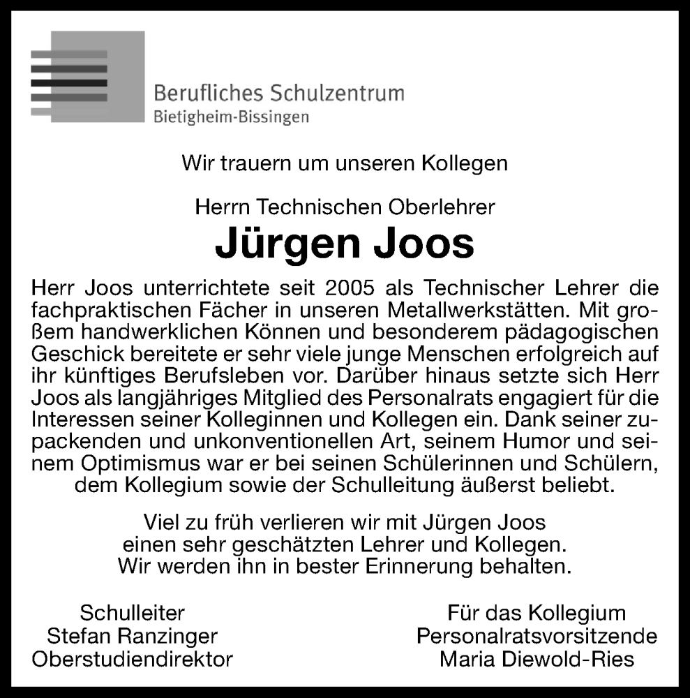  Traueranzeige für Jürgen Joos vom 19.07.2024 aus Bietigheimer Zeitung