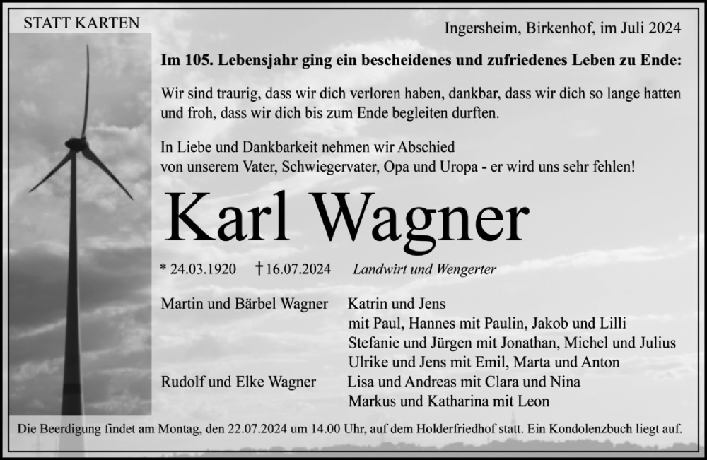  Traueranzeige für Karl Wagner vom 19.07.2024 aus Bietigheimer Zeitung