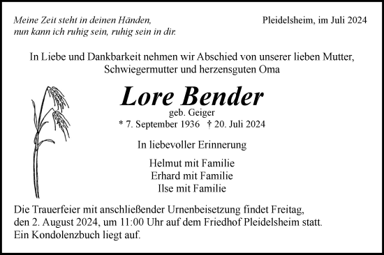 Traueranzeige von Lore Bender von Bietigheimer Zeitung